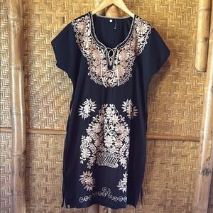 Vintage Black and Cream floral heavily Embroidered Dress small